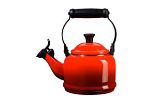 A 1.25 Qt Le Creuset Demi Kettle in Cherry red sits over a white background.